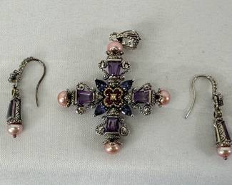 Barbara Bixby Amethyst Pendant Pearl Saphire Earrings 18K 925 21g with Stones