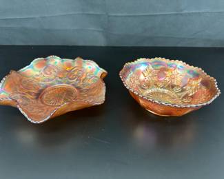 2 Fenton Carnival Glass Little Flowers Berry Bowl  Dugan Marigold Opalescent Bon Bon Candy Dish