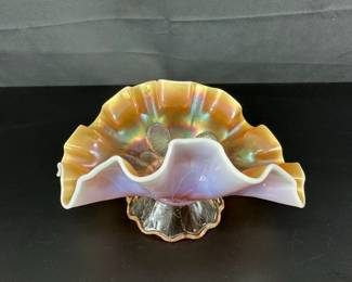 Dugan Carnival Glass Pedestal Bowl Peach Impressive Opalescent Ruffled Edge