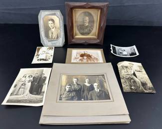 8 Vintage Black and White Photos and Cabinet Cards Framed Photo D