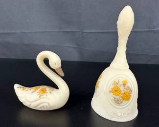 2 Fenton Satin Hand Painted Swan and Bell by Debra  Kay C