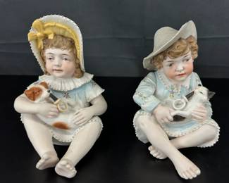 Antique Conta Boehme Piano Boy and Girl Babys Bisque Porcelain Figures Holding Dogs