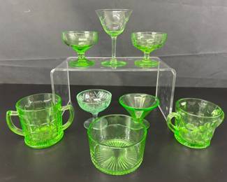 Lot of Green Vaseline Uranium Sherbert Cups Bowl  2 Hazel Optic Double Handle Open Sugar Bowl