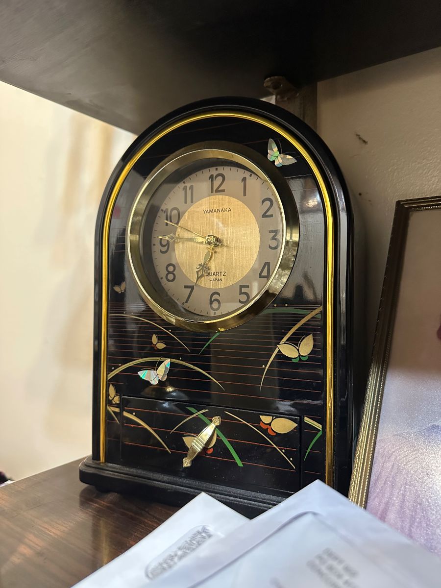 Vintage Powell Black Laquer Clock with flower embellishments