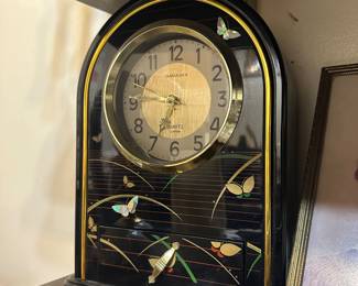 Vintage Powell Black Laquer Clock with flower embellishments 