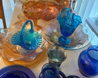Depression glass, carnival glass, Cobalt glass ,
Fenton Handkerchief Swung Vase