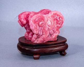 $25.00  -  CARVED PINK STONE RAMS ON BASE - $25.00
