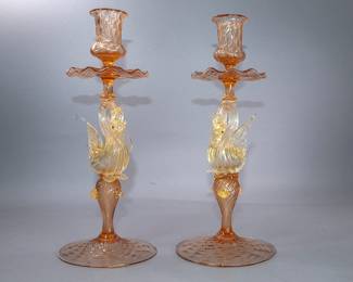 $100.00  -  PAIR OF VENETIAN SALVIATI HAND BLOWN CANDLESTICKS  -  $100.00 FOR THE PAIR