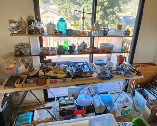 Amber glass, blue glass, large lot of kitchen utensils 