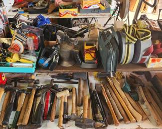 Large lot of hammers, hatchets, canteens 