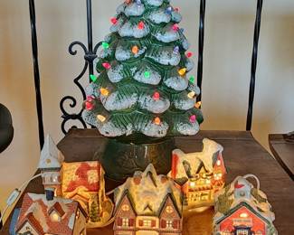 Vintage Christmas tree , small lighted Christmas houses 