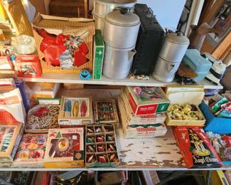Vintage Christmas decorations,  aluminum tea pots