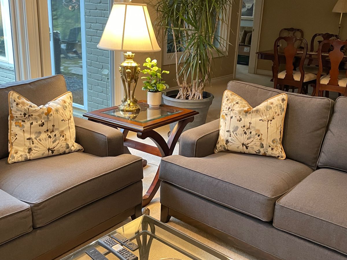 Ethan Allen (3 cushion) couches - matched pair with pillows, glass and wood side table, and brass lamp (2 available)