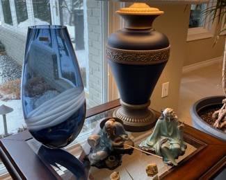 Waterford - Evolutions vase, and Asian ceramics - on tope of wood and glass square side table, and ceramic lamp