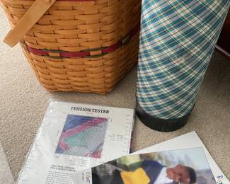 Knitting needles, patterns and basket