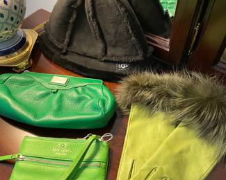 Ugg hat, Coach and Kate Spade purses, leather and fox trimmed gloves