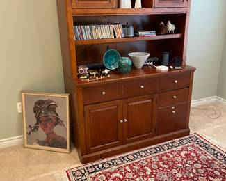 Storage cabinet with hutch - (2 pieces), 100% wool area rug, CDs, Ceramic vase and Dish (hand painted - vintage from Iran) and MCM vases and bowls