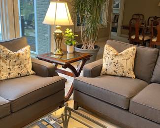Ethan Allen (3 cushion) couches - matched pair with pillows, glass and wood side table, and brass lamp (2 available)