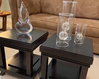 Frank Lloyd Wright side tables - black - by Cassina, and Mid-modern vase, and glass oil candles