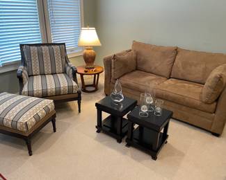 Ethan Allen armchair and ottoman, MCM round side table, 2-cushion hide-a-bed (queen) loveseat, MCM black tables - Frank Lloyd Wright designs by Cassina, and more!