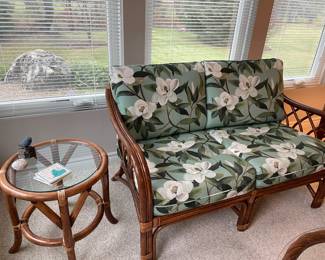 Rattan patio furniture: 2-cushion loveseat and round side table with glass top - EXCELLENT condition