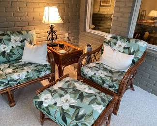 Rattan patio furniture: Armchair with ottoman, side table (2 available) and table lamp (2 available) - all in EXCELLENT condition
