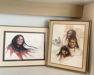 Southwest framed artwork - by Colburn "Wind Woman" and "3 Faces" by Ygartua