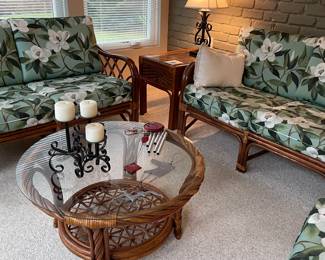 Another view of the rattan patio furniture: 2-cushion loveseat, 3-cushion couch, side table (2 available), and round coffee table - ALL in EXCELLENT condition