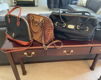 Purses: Doone & Burke, Brahmin, and Michael Kors - on top of console table