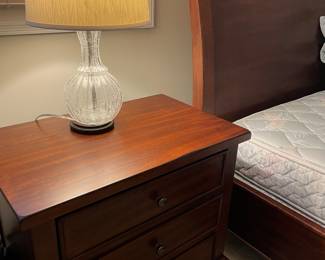 Nightstand (3-drawer), glass lamp, and another view of the Queen bed