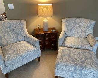 Ethan Allen side chairs (2) with ottoman, 3-drawer side chest, ceramic lamp and decor