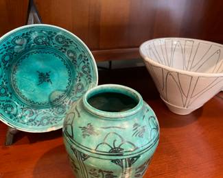 Iran Ceramics (vintage) vase and plate, and MCM bowl