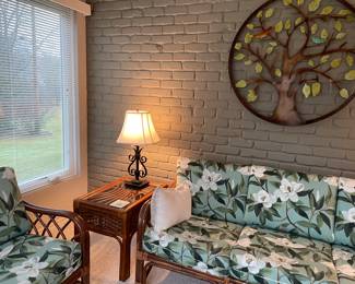 Rattan patio furniture: 3-cushion couch, side table (2 available), table lamp (2 available), and "tree of life" metal wall hanging - EXCELLENT condition