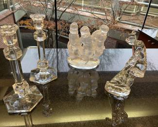 VSO candle holders - pair, Lalique figural group, and Baccarat golfer ( 9 " - woman)