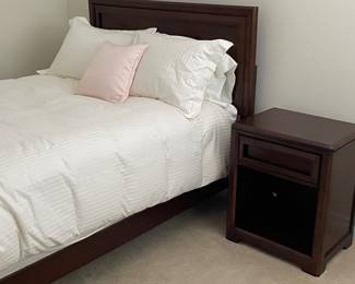 Full bed - wood headboard and frame, mattress set, nightstand with a single drawer, and linens: sheets, duvet, pillows, shams and decor pillow - soft pink