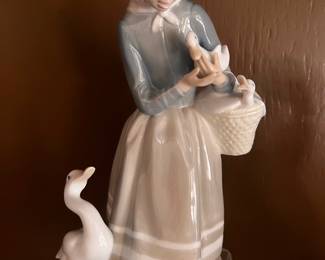 Lladro Girl with Goose, Duck & Chicks in Basket