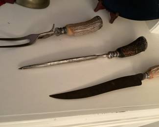 Fabulous Antique Carving Fork, Knife & Knife Sharpener with Antler Handles