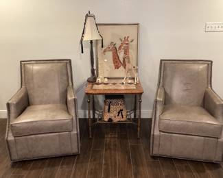 Pair of Leather Swivel Accent Chairs