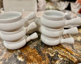 6 White Handle Porcelain French Onion Soup Bowls