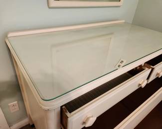 #94	Midcentury Modern Dresser unbranded 4 drawer on wheels painted white with glass top 45x23x36	 $125.00 
