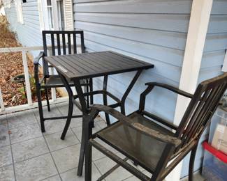#120	Bistro set 2 chairs and tall table black metal 28x28x36 	 $150.00 
