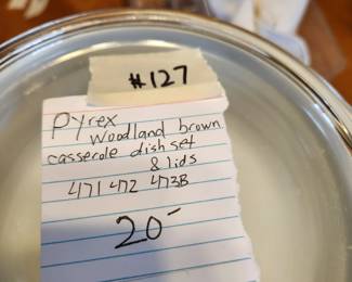 #127	Pyrex Woodland brown casserole dish set and lids #471 #472 #473B	 $20.00 

