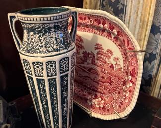 Red wing vase and red transfer-ware platter