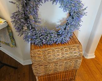 Wreath $15, wicker and rattan 
Blanket basket $50