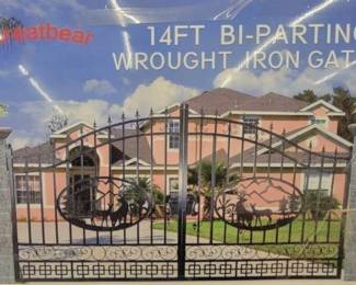 14 Foot - Unused 2024 Greatbear Bi-Parting Iron Gate. With artwork "Deer" in the Middle of Gate Frame.