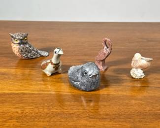 (5pc) Bird Figures | Including a signed Danish style pottery bird, a Canadian carved bird, a shell bird, a carved red stone bird marked Made in India, and a painted plaster bird. - l. 3 in (indigenous Canadian bird)