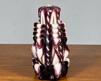 Carved Ribbon Candle | Mid-century modern purple and white marbled sculpted candle. - h. 7 x dia. 4 in
