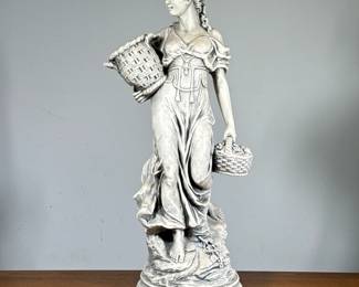 Marwal Chalkware Statue | Classical female figure with baskets. - h. 27.5 x w. 14 in