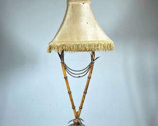 FAUX BAMBOO MONKEY LAMP | Monkey finial table lamp with fringed shade. - h. 36 x w. 15 x d. 11 in (over shade)
