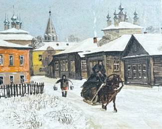 Folk Art Winter Scape | Folk art style Russian winterscape. Oil on Masonite. Signed in Cyrillic lower right. 6.5 x 9.5 in.